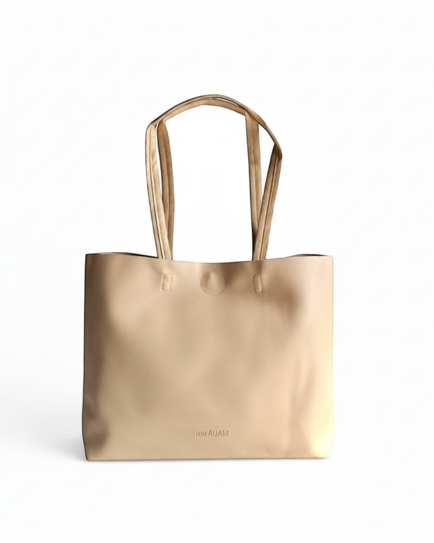 ms ADAM minimalist beige faux leather tote bag with cream straps and magnetic snap closure.