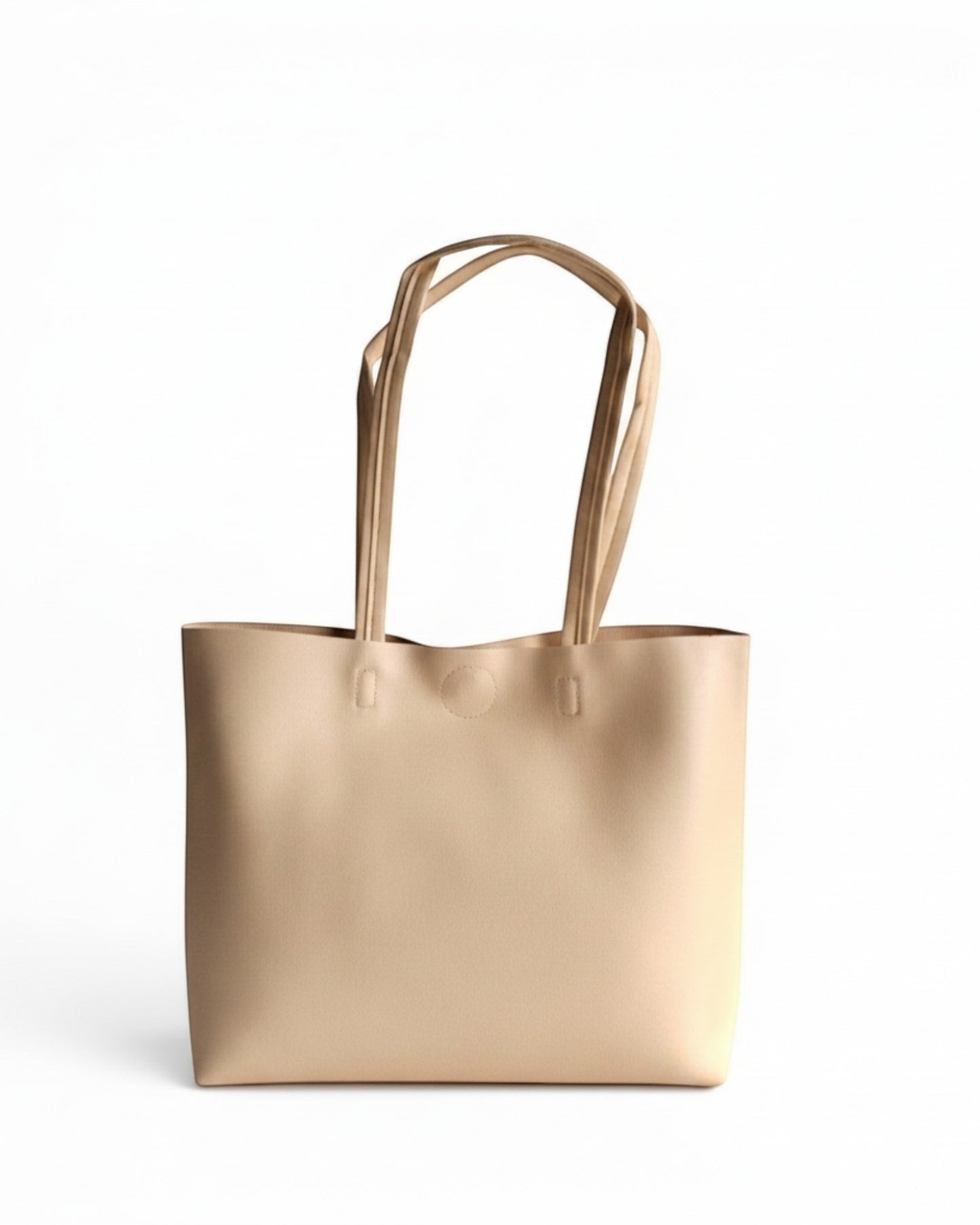 ms ADAM minimalist beige faux leather tote bag with cream straps and magnetic snap closure.
