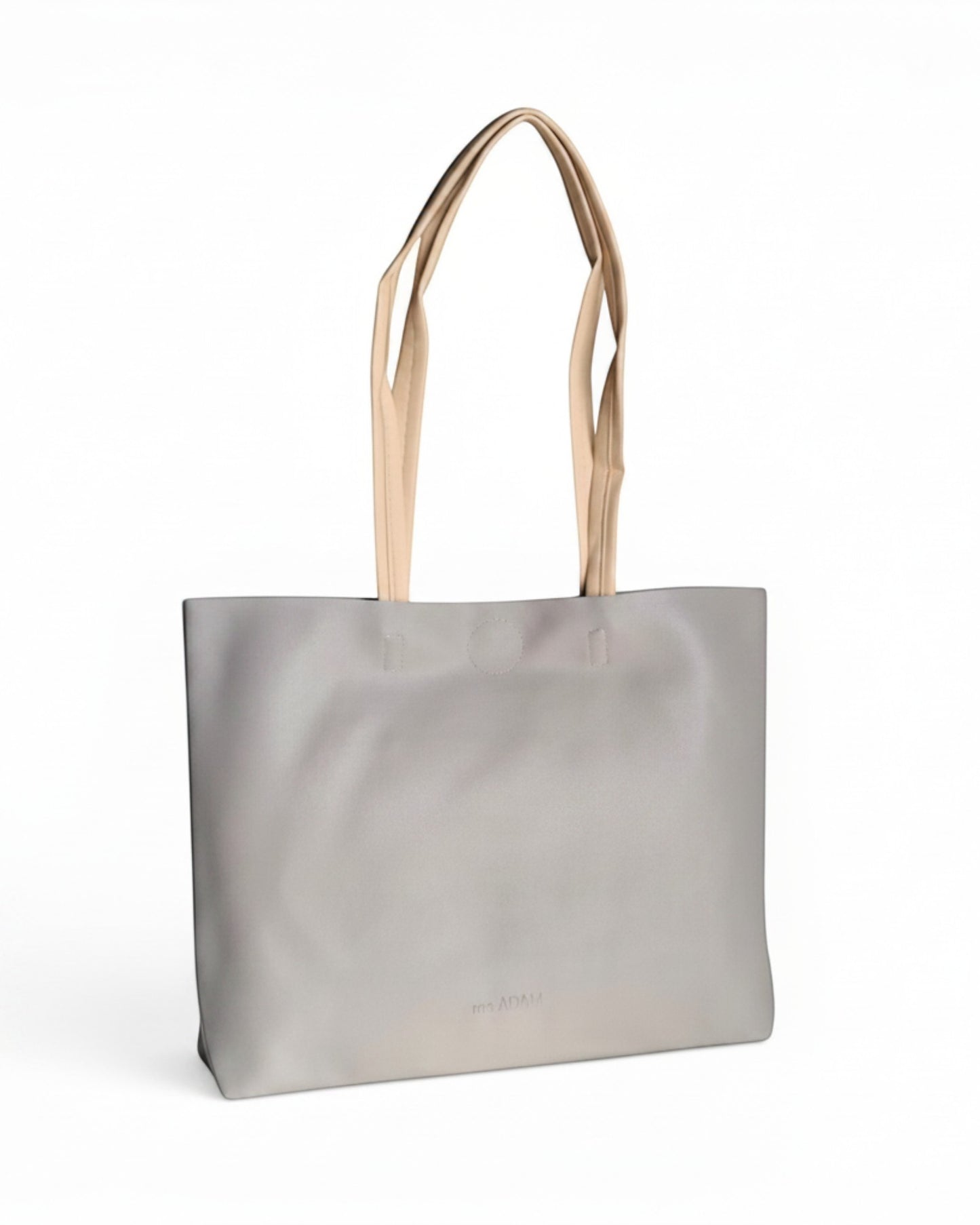 ms ADAM minimalist stone gray faux leather tote bag with contrast cream shoulder straps and embossed logo.