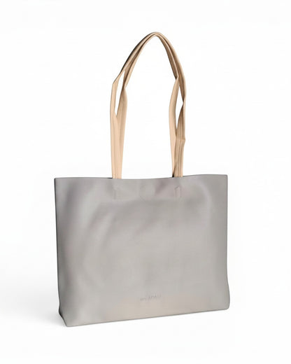 ms ADAM minimalist stone gray faux leather tote bag with contrast cream shoulder straps and embossed logo.