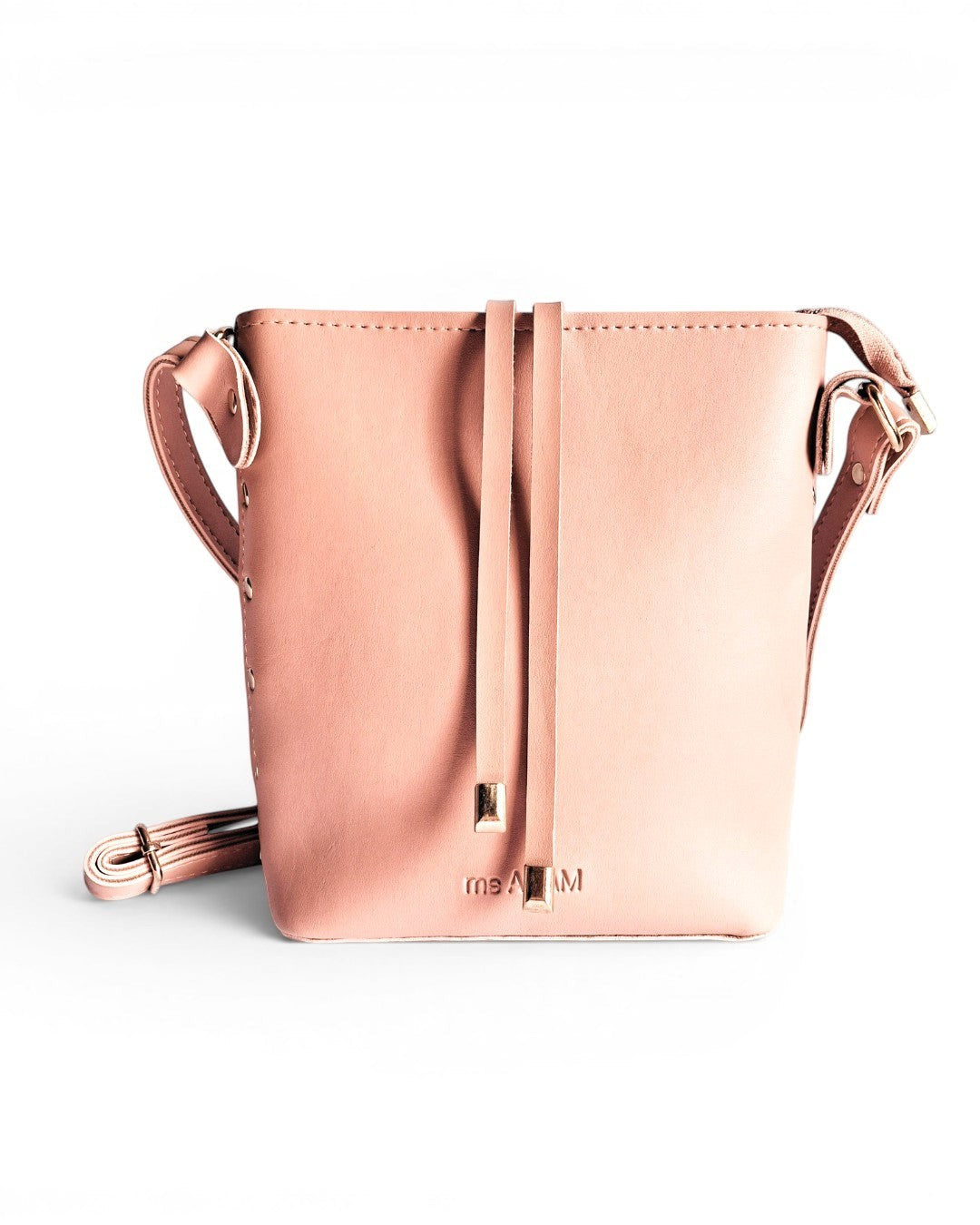 ms ADAM pink faux leather bucket bag with adjustable shoulder strap and zip closure.