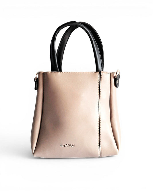 ms ADAM beige and black faux leather top handle bag with zip closure and one main compartment.