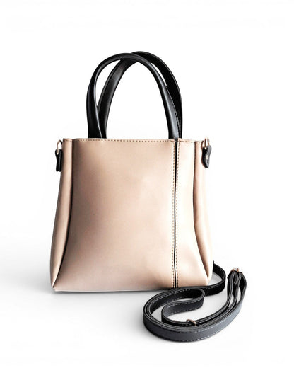 ms ADAM beige and black faux leather top handle bag with zip closure and detachable shoulder strap.
