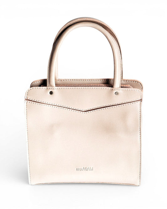 ms ADAM beige faux leather top handle bag with zip closure and detachable strap. Includes pouch and wallet.