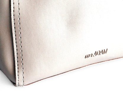 ms ADAM beige faux leather top handle bag with zip closure, two compartments, and detachable shoulder strap.
