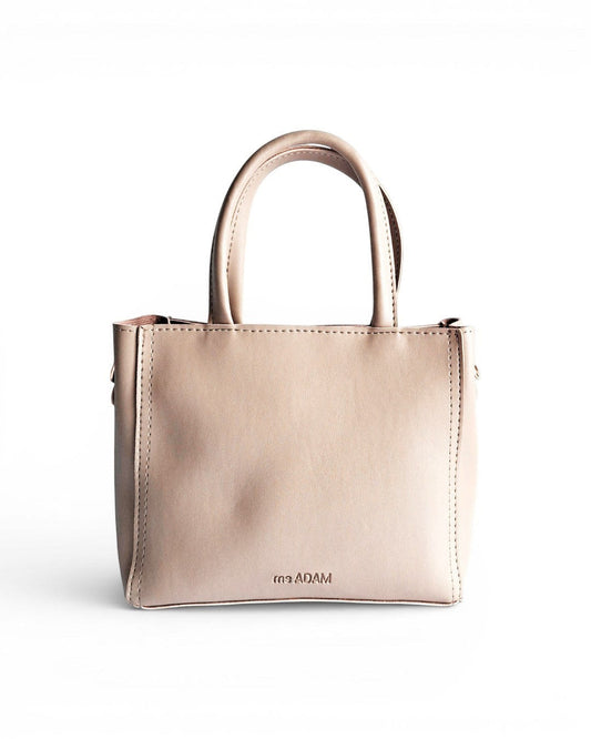 ms ADAM beige faux leather top handle bag with two compartments and zip closure.
