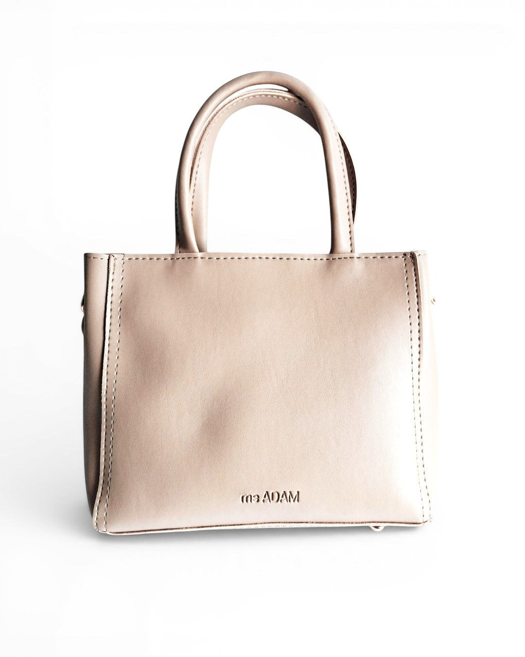 ms ADAM beige faux leather top handle bag with two compartments and zip closure. Detachable strap included.