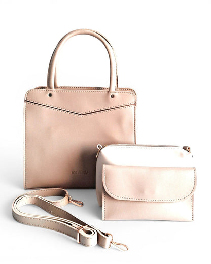 ms ADAM beige faux leather top handle bag with zip closure and detachable shoulder strap, includes matching pouch and wallet.