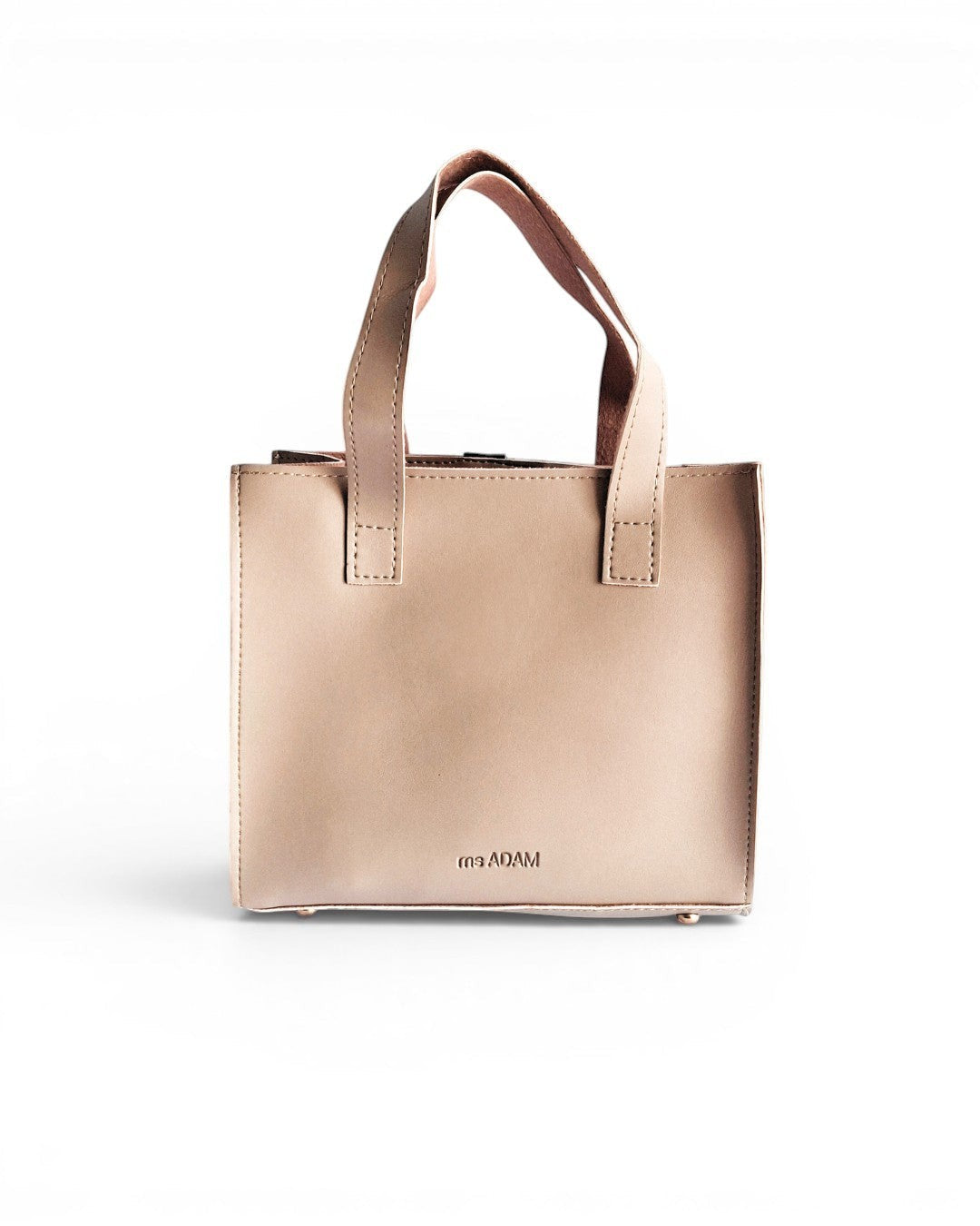 ms ADAM beige faux leather tote bag with two compartments and zip closure. Features handheld and shoulder straps.