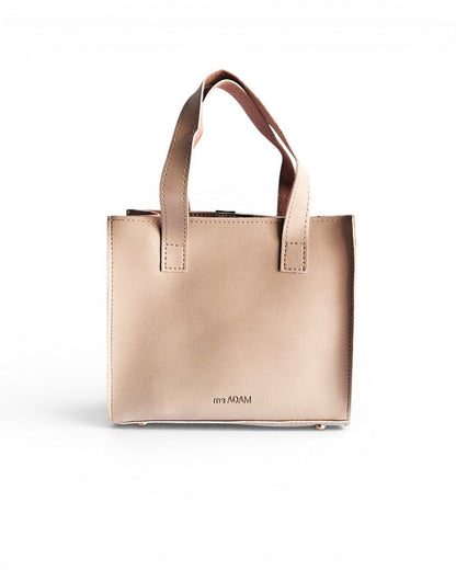 ms ADAM beige faux leather tote bag with two compartments and zip closure. Features handheld and shoulder straps.
