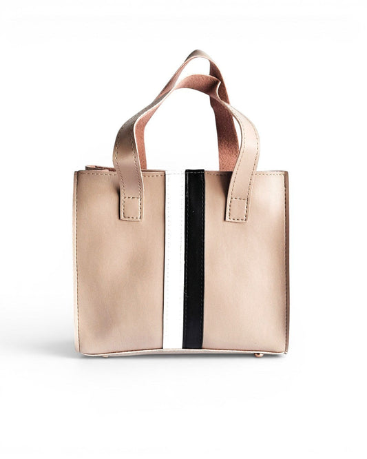 ms ADAM beige faux leather tote bag with black and white stripe detail, top handles, and detachable strap.
