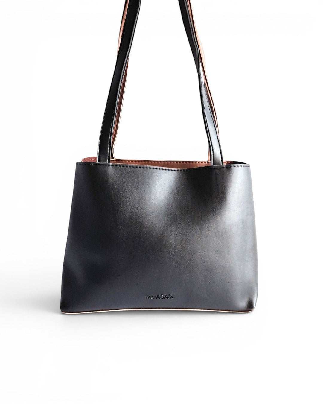 ms ADAM black and brown faux leather tote bag with fixed straps and zip closure.
