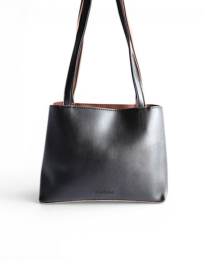 ms ADAM black and brown faux leather tote bag with fixed straps and zip closure.