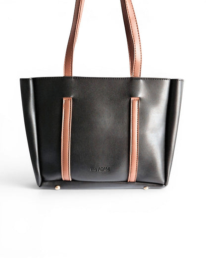 ms ADAM black and brown faux leather tote bag with dual combo color and fixed shoulder straps.