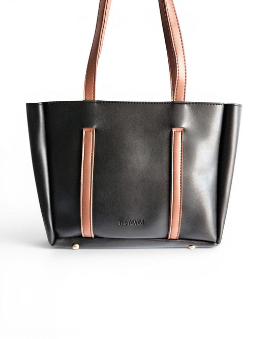 ms ADAM black and brown faux leather tote bag with dual combo color and fixed shoulder straps.