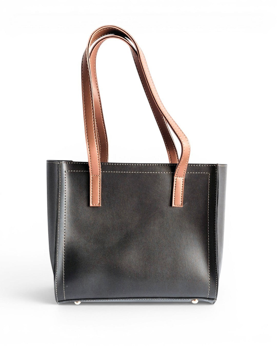 ms ADAM black faux leather tote bag with brown shoulder straps and zip closure.