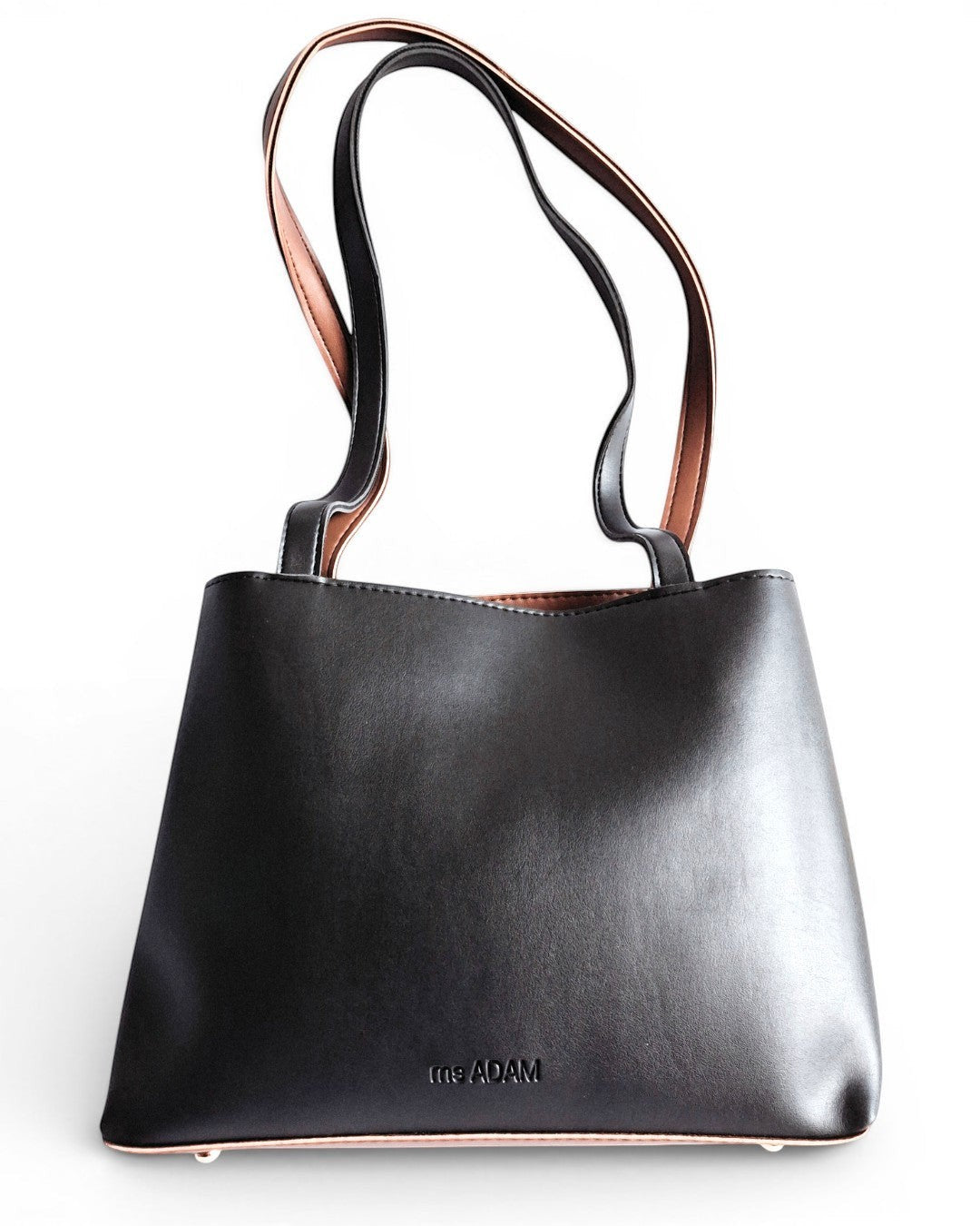 ms ADAM black faux leather tote bag with brown straps and zip closure. Includes pouch and wallet.