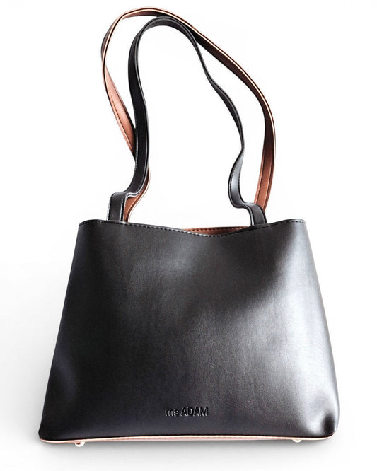 ms ADAM black faux leather tote bag with brown straps and zip closure. Includes pouch and wallet.