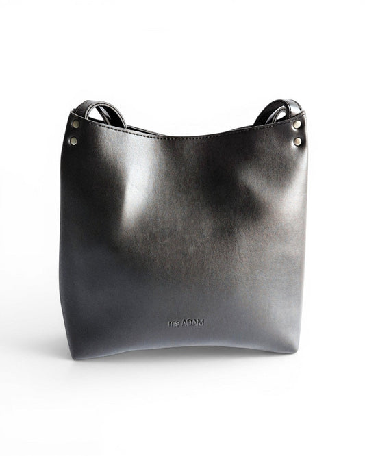 ms ADAM black faux leather bucket shoulder bag with zip closure and fixed straps.