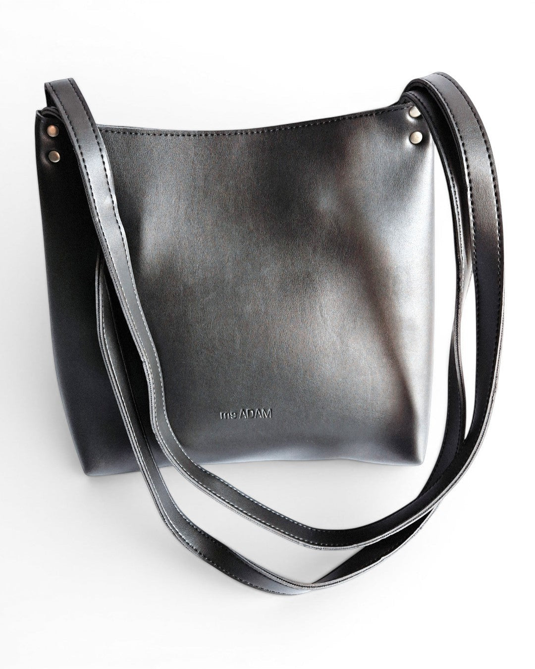 ms ADAM black faux leather bucket shoulder bag with zip closure and fixed straps.
