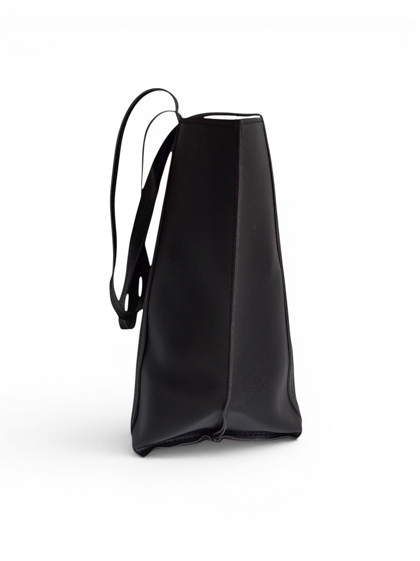 ms ADAM black faux leather tote bag with shoulder straps and magnetic snap closure.