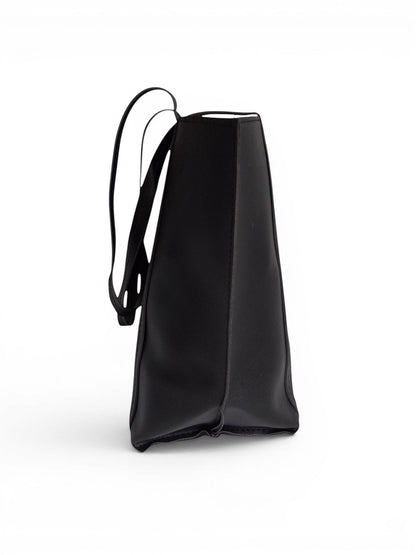 ms ADAM black faux leather tote bag with shoulder straps and magnetic snap closure.