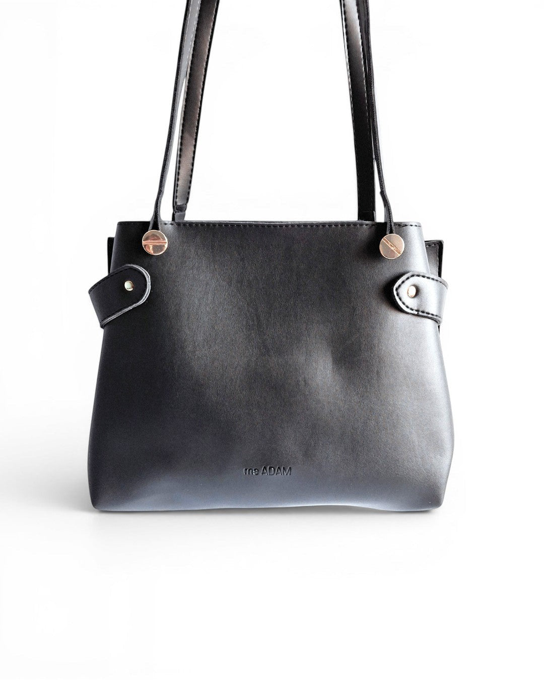 ms ADAM The Blow black faux leather tote bag with fixed shoulder straps and zip closure.