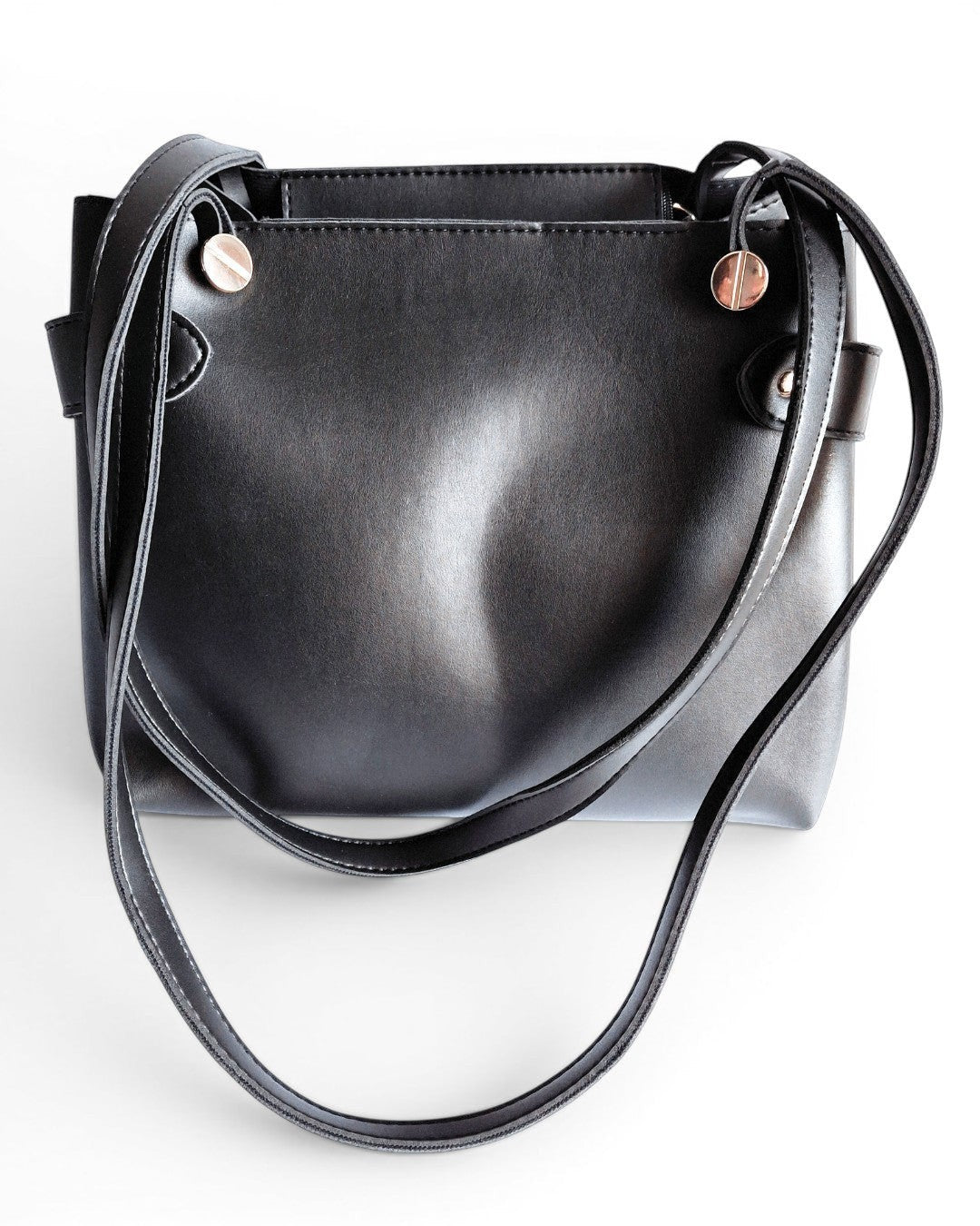 ms ADAM The Blow black faux leather tote bag with fixed shoulder straps and zip closure.