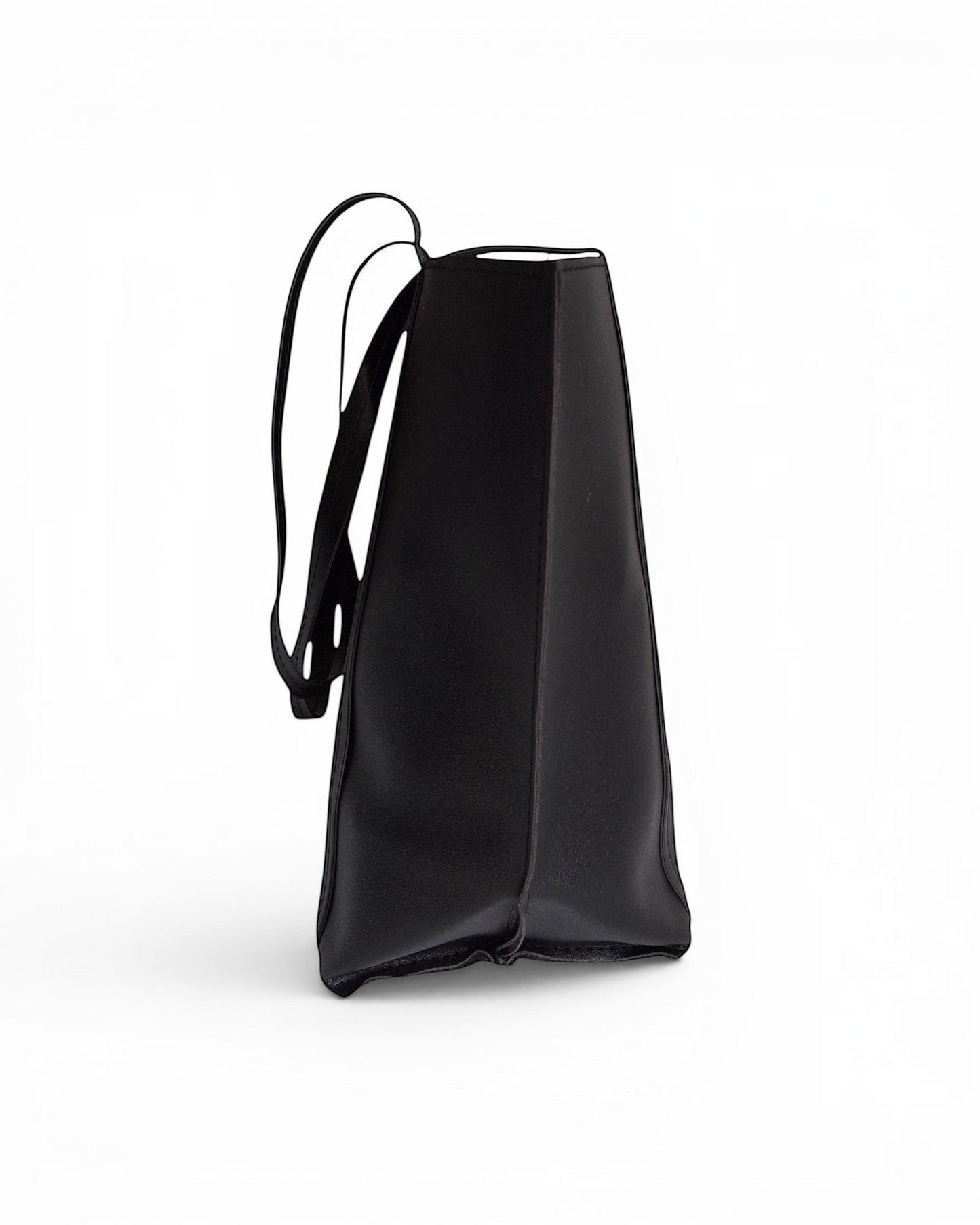 ms ADAM black faux leather tote bag with shoulder straps and magnetic snap closure.