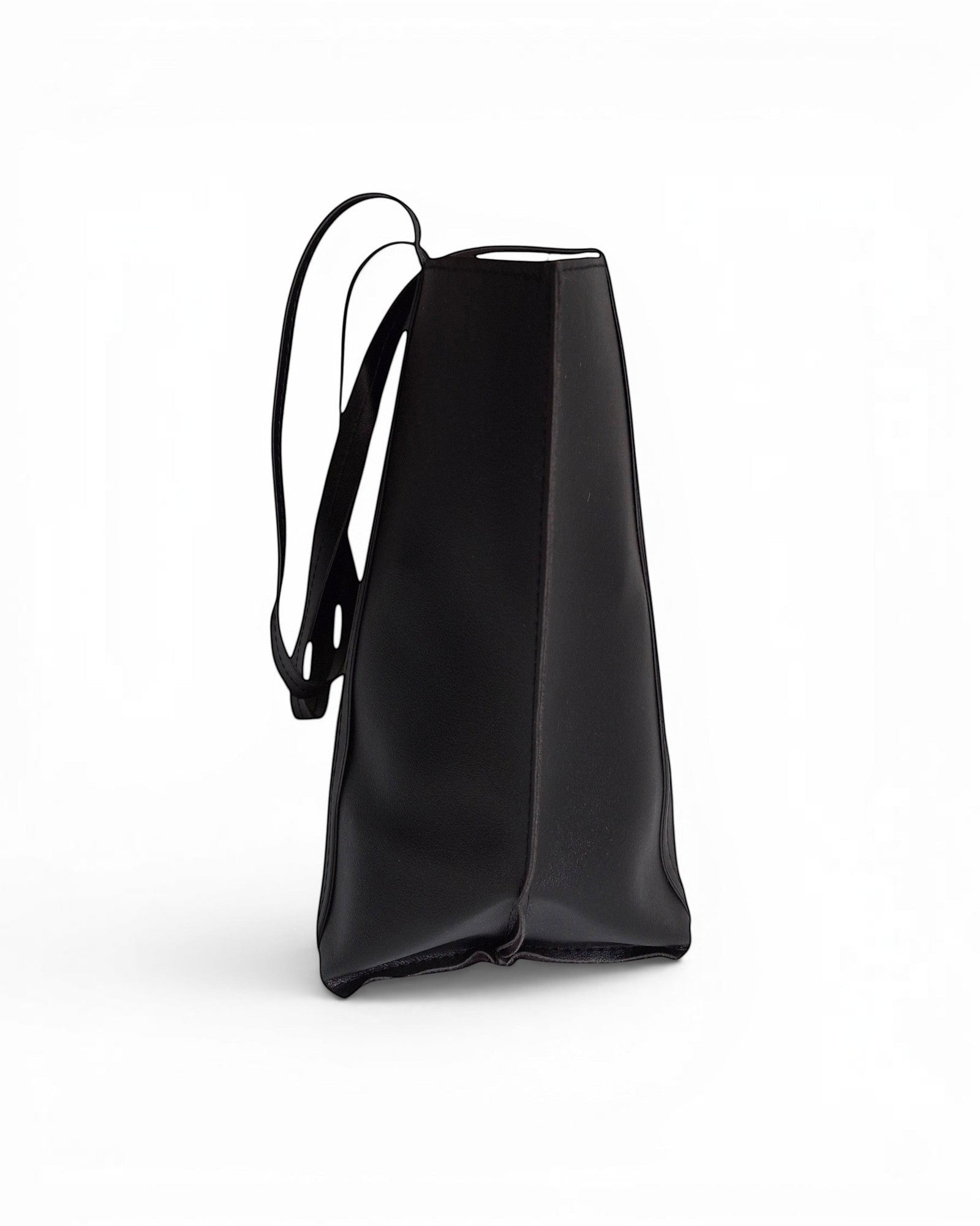 ms ADAM black faux leather tote bag with shoulder straps and magnetic snap closure.