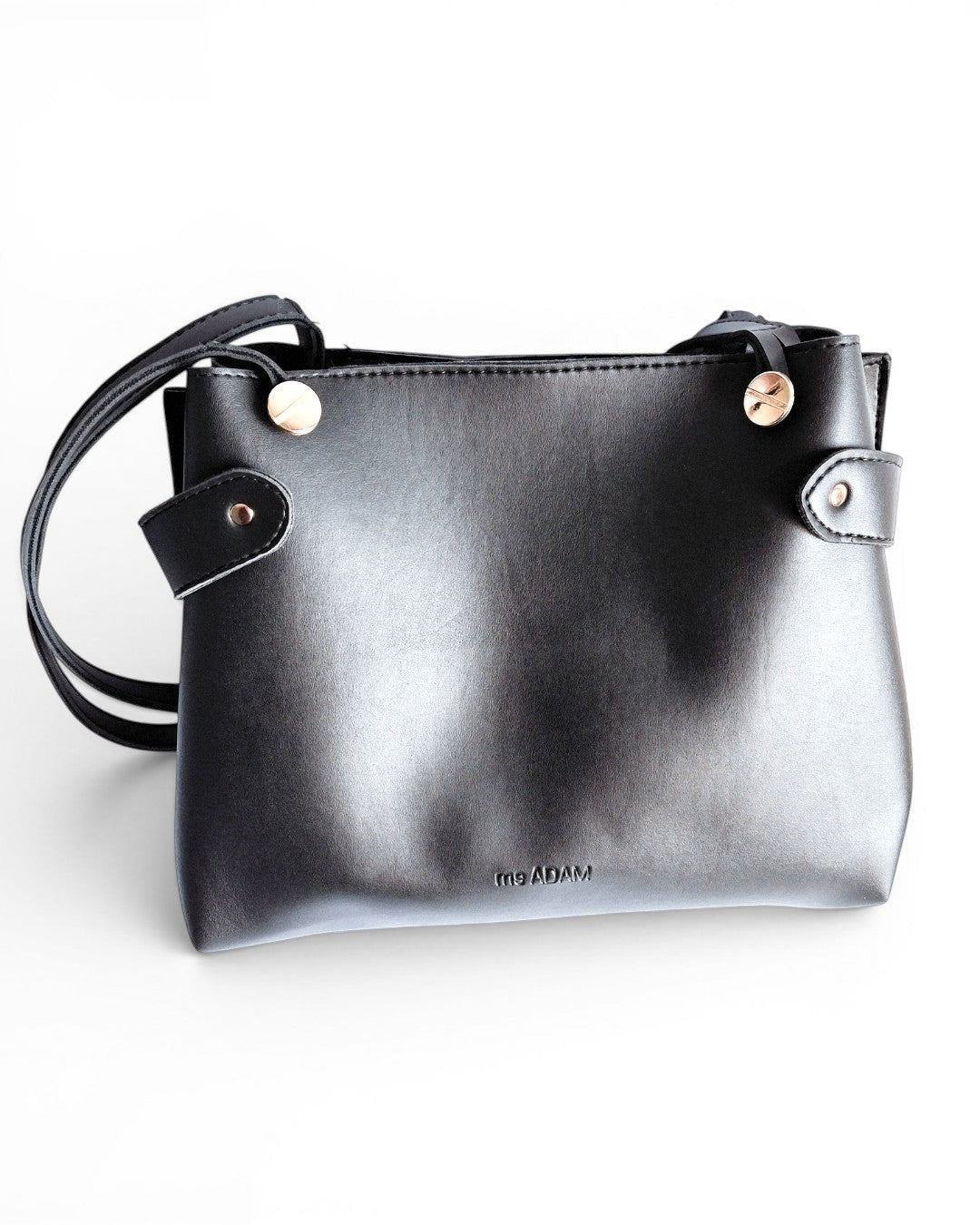 ms ADAM The Blow black faux leather tote bag with fixed shoulder straps and zip closure.