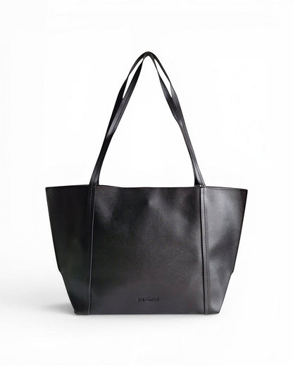 ms ADAM black faux leather tote bag with shoulder straps and magnetic snap closure.