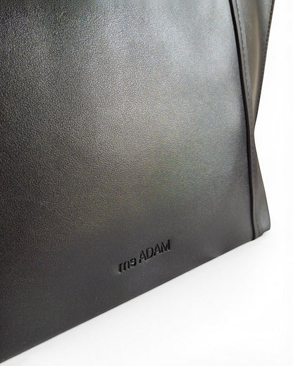 ms ADAM black faux leather tote bag with magnetic snap closure and one main compartment.