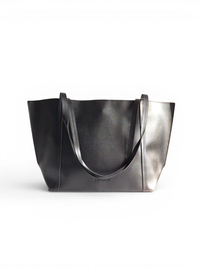 ms ADAM black faux leather tote bag with shoulder straps and magnetic snap closure.