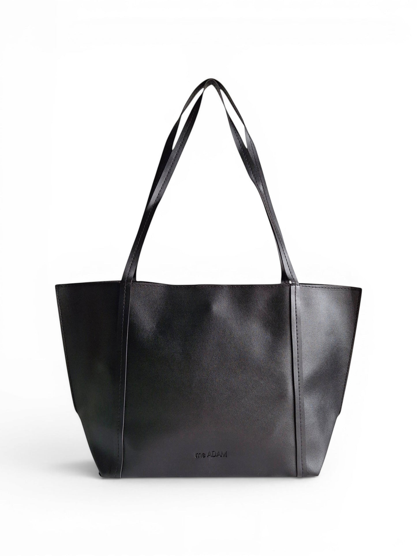 ms ADAM black faux leather tote bag with shoulder straps and magnetic snap closure.