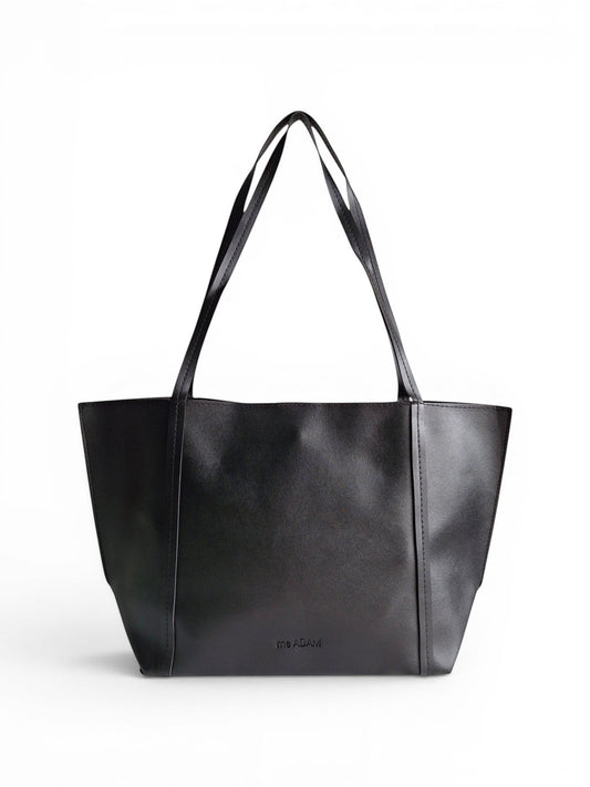ms ADAM black faux leather tote bag with shoulder straps and magnetic snap closure.