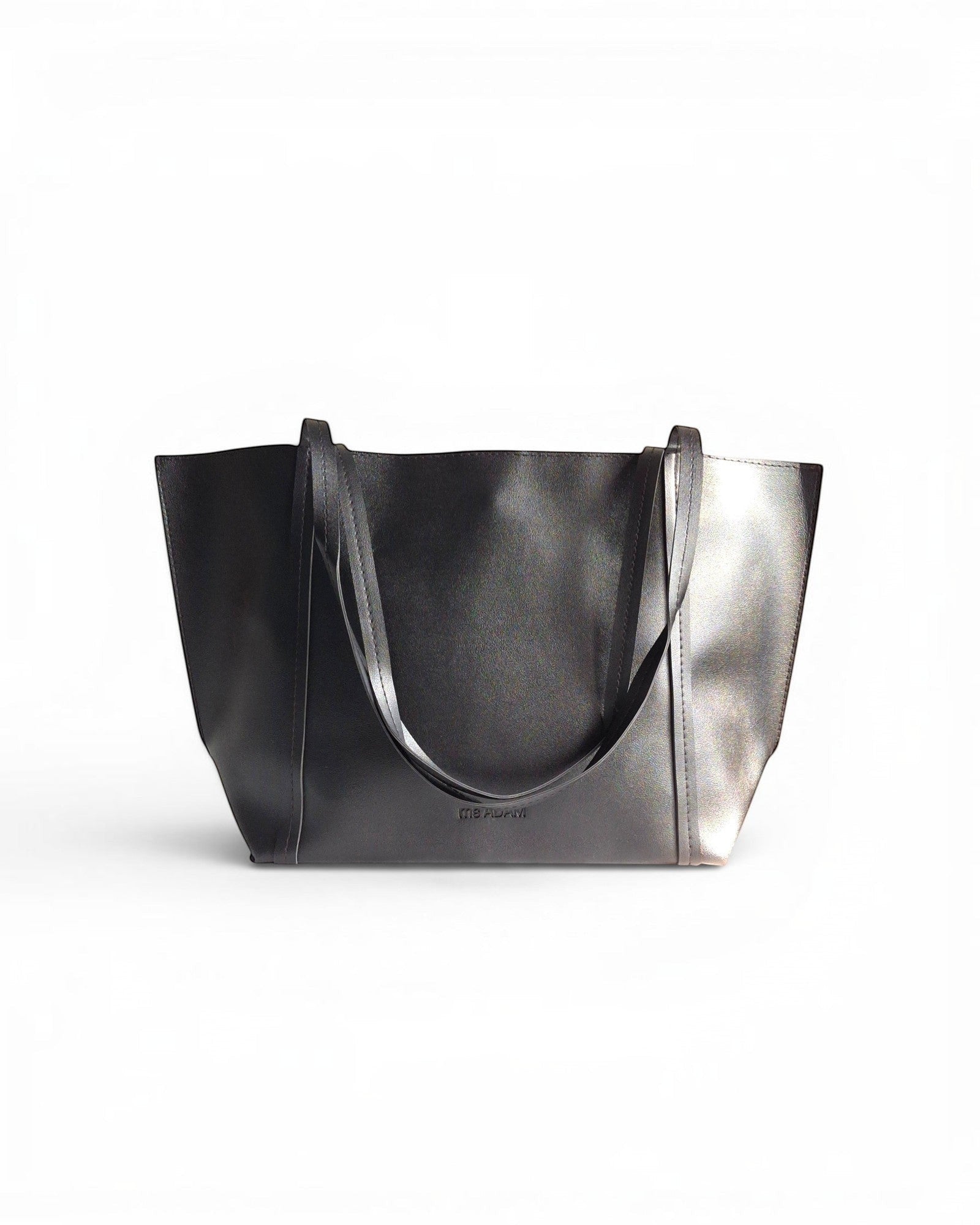 ms ADAM black faux leather tote bag with shoulder straps and magnetic snap closure.