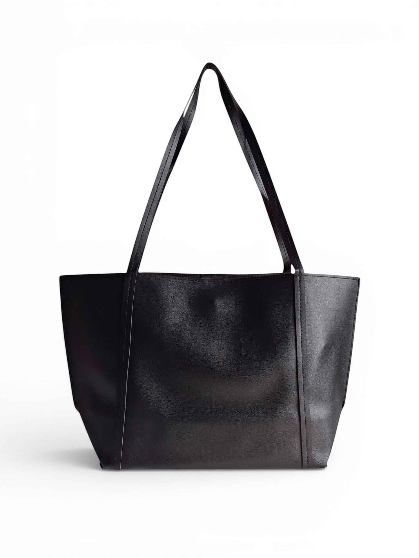 ms ADAM Go Easy black faux leather tote bag with shoulder straps and magnetic snap closure.