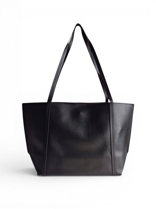 ms ADAM Go Easy black faux leather tote bag with shoulder straps and magnetic snap closure.