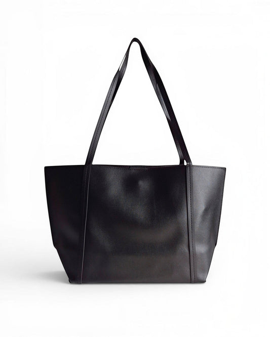ms ADAM Go Easy black faux leather tote bag with shoulder straps and magnetic snap closure.