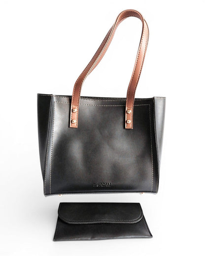 ms ADAM black faux leather tote bag with brown shoulder straps and zip closure, includes matching wallet.