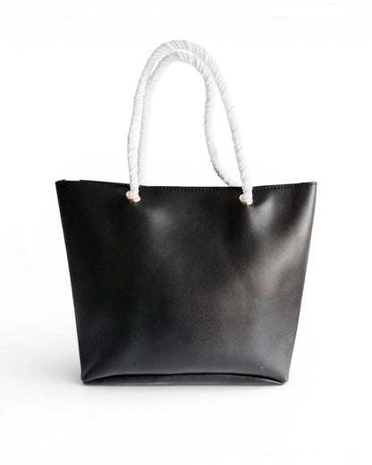 ms ADAM Oftyn black faux leather tote bag with white rope handles and zip closure. One main compartment.