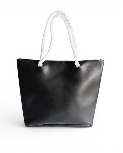ms ADAM black faux leather tote bag with white rope handles and zip closure, one main compartment.