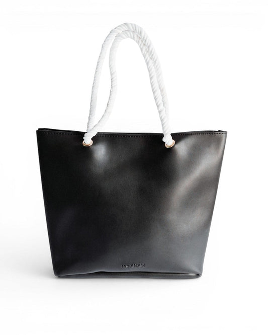ms ADAM black faux leather tote bag with white rope handles and zip closure, one main compartment.
