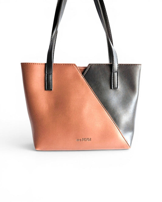 ms ADAM brown and black faux leather tote bag with dual combo color blocking and zip closure.