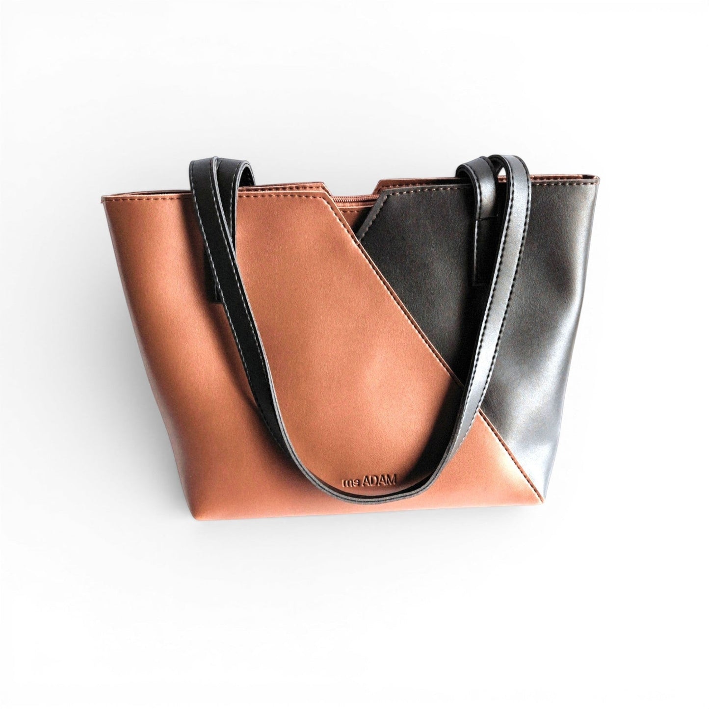 ms ADAM brown and black faux leather tote bag with fixed shoulder straps and zip closure.