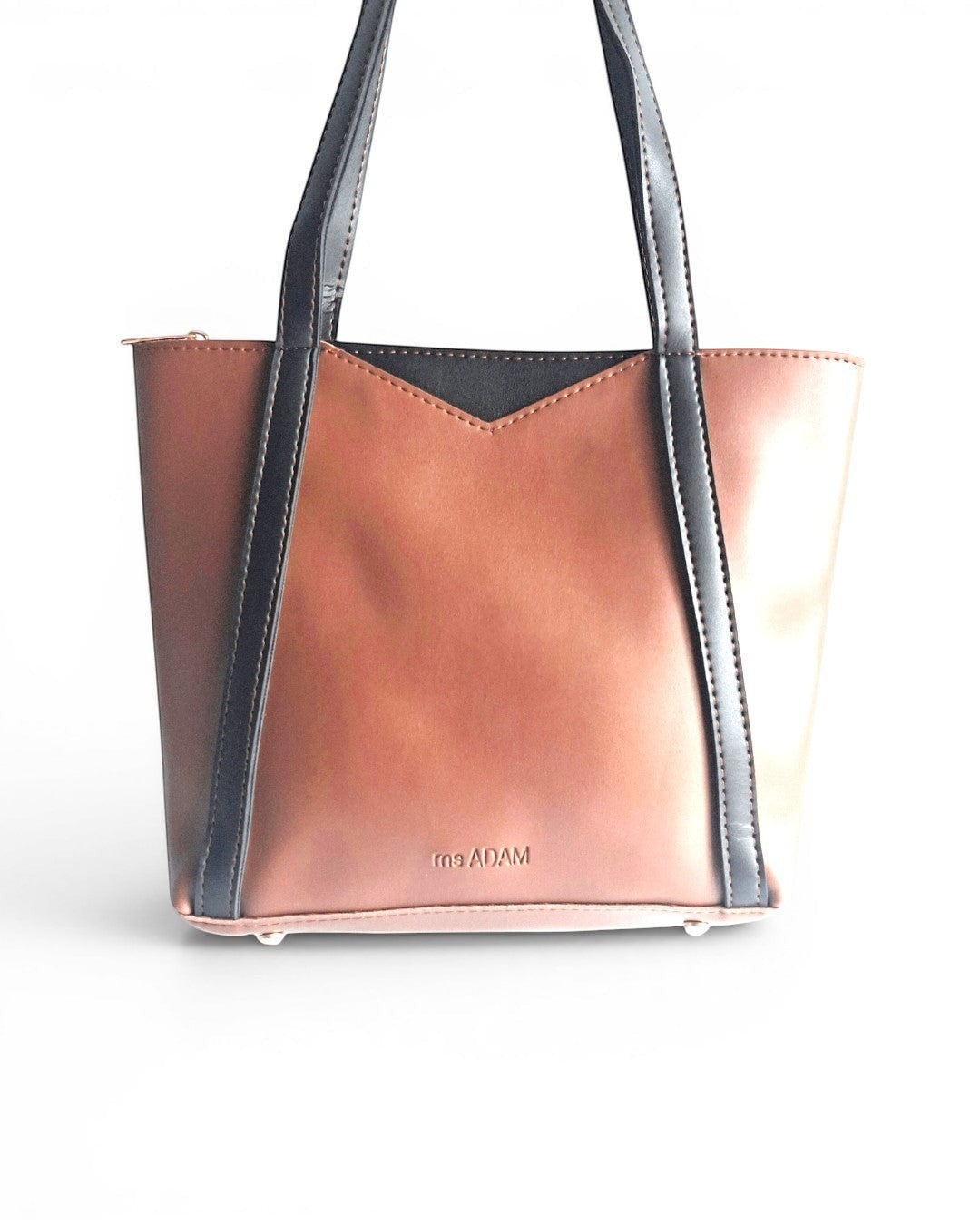 ms ADAM brown and black faux leather tote bag with shoulder straps and zip closure.