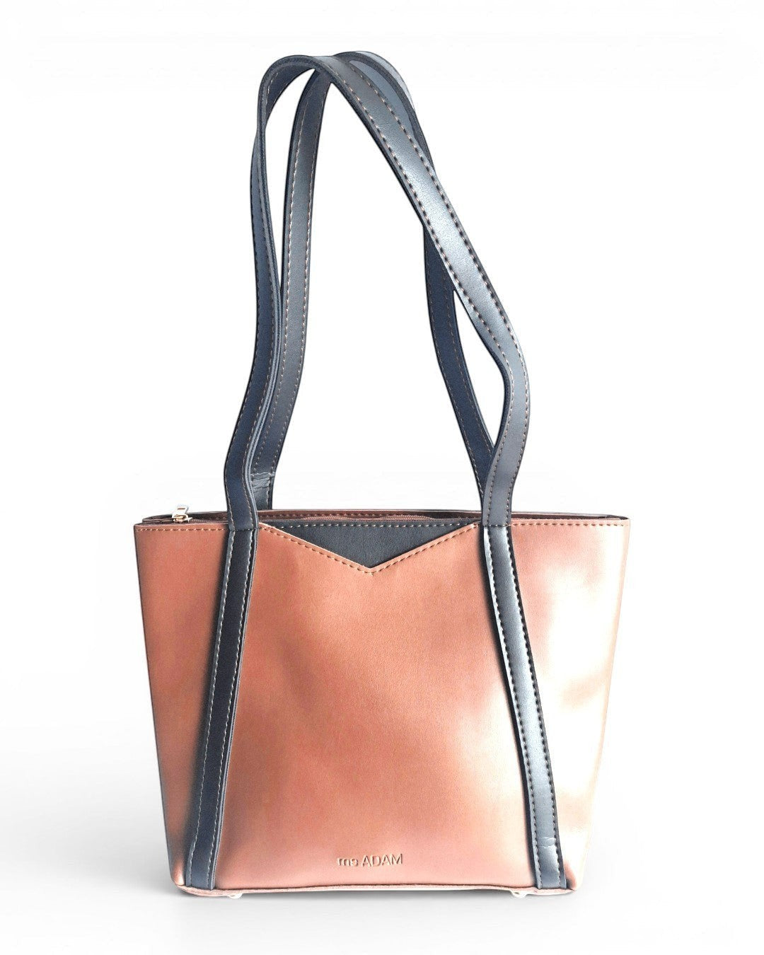 ms ADAM brown and black dual combo faux leather tote bag with shoulder straps and zip closure.