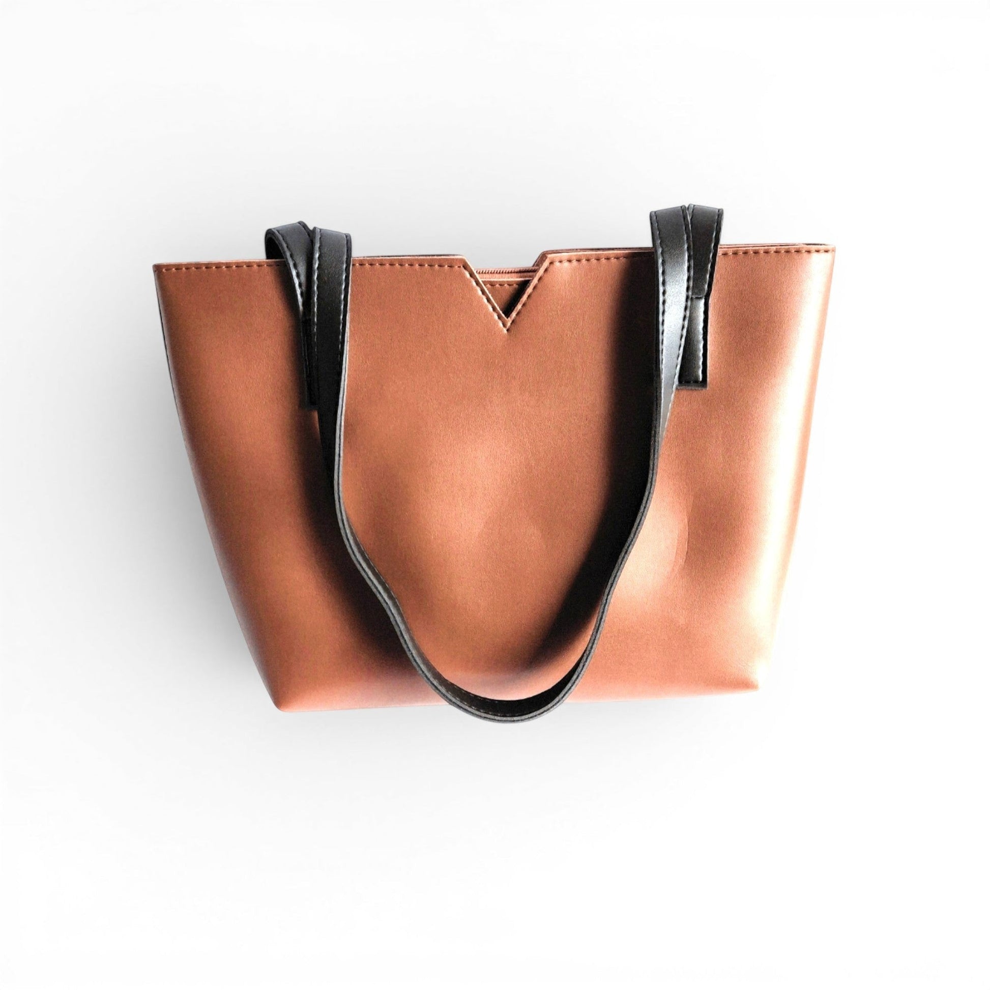 ms ADAM brown and black faux leather tote bag with fixed shoulder straps and zip closure.