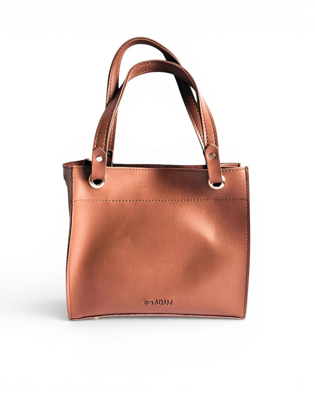 ms ADAM brown faux leather top handle bag with two compartments and zip closure. Detachable strap for shoulder or handheld carry.